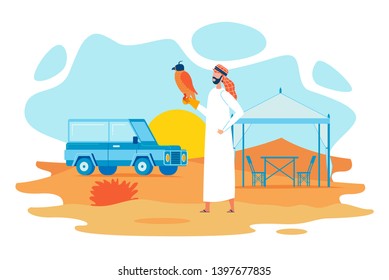 Falconry in United Arabic Emirates Flat Vector Concept with Arab Falconer, Sheik, Hunter Standing with Blinded Bird of Prey on Hand Illustration. Traditional Hunting with Predatory Birds in Desert