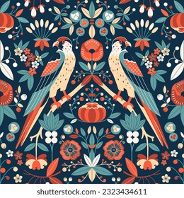 Falcons in Art Nouveau garden vintage seamless pattern. Kestrel bird of prey sitting on tree branch admits blooming flowers and modern botanical motifs. Botanical repeating background with hawk.