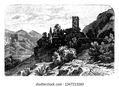 Falkenstein Castle is a High Middle Ages castle ruin in the Bavarian Alps, vintage line drawing or engraving illustration.