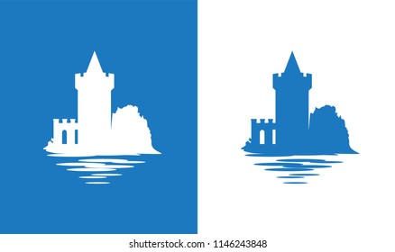 Falkirk Castle, Scotland. Icon with European Medieval Castle in colors of Scottish National Flag. Nice vector illustration exposing the theme of European antiquity and History.