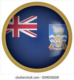 Icono de botón de bandera redondeada 3D de las Islas Malvinas con marco dorado
