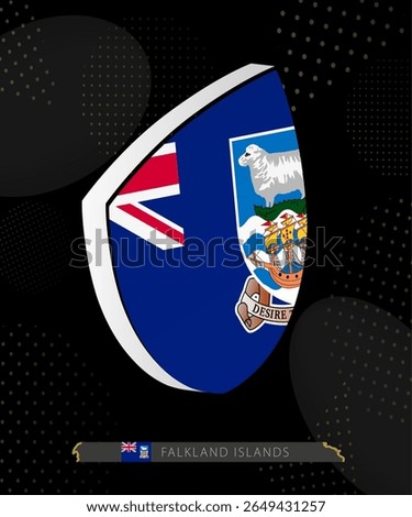 Falkland Islands Flag Shield icon in 3D on Dark Modern Abstract Rugby Background. Perfect for sports events, heritage themes, national celebrations, and patriotic designs.