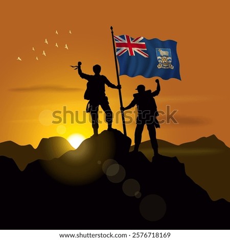 Falkland Islands flag, silhouette of two climbers holding flags at sunset