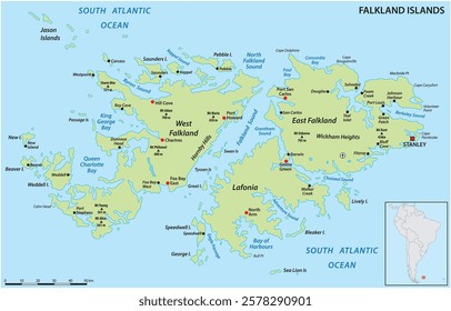 Falkland Islands, also Malvinas, political vector map