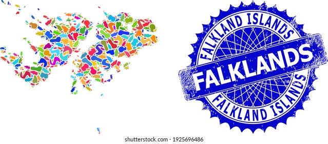 Falkland Islands map abstraction. Spot mosaic map and rubber seal for Falkland Islands. Sharp rosette blue stamp seal with tag for Falkland Islands map.