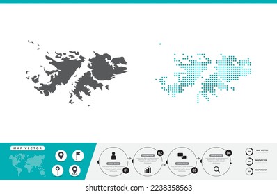 Mapa de puntos grises y verdes de las Islas Falkland para su presentación. Establece el concepto creativo de un par de píxeles para infografía.