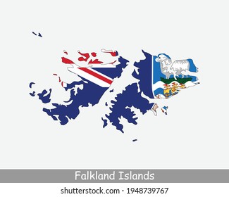 Falkland Islands Map Flag. Map of Falkland Islands with flag isolated on white background. British Overseas Territory. Vector illustration.