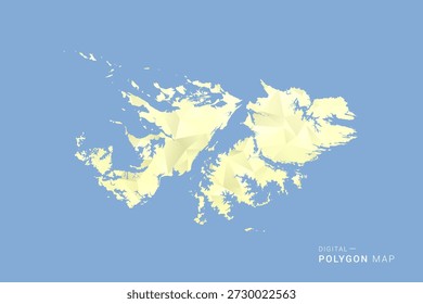 Mapa de las Islas Malvinas en estilo de Vector de polígono bajo, ilustración de forma geométrica con tonos amarillos suaves sobre fondo azul, silueta limpia para infografía.