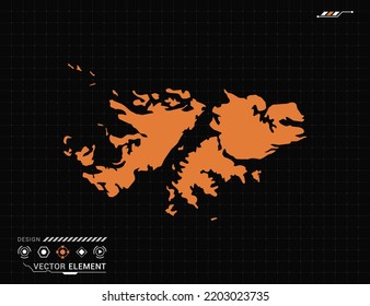 Falkland Islands map of orange digital frame HUD, GUI, UI Interface Technologie Radar Vektorgrafik.