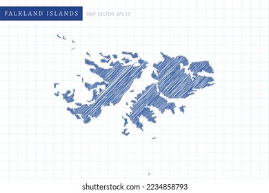 Falkland Islands Map - World Map International vector template with blue outline graphic and pen drawing sketch style isolated on white grid background for design, website - Vector illustration eps 10