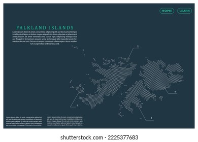 Mapa de las Islas Malvinas (Falkland Islands Map) - Plantilla mundial de vector de mapas con puntos grises, rejilla, grunge, estilo de medio tono aislado en el fondo verde para la educación, infografía, diseño, sitio web - Ilustración vectorial eps 10
