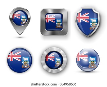 Falkland Islands Metal and Glass Flag Badges, Buttons, Map marker pin and Shields. Vector illustrations