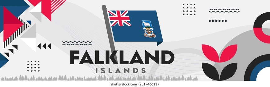 Falkland Islands national day banner design. Falklandic flag theme  web background. Abstract geometric, red white blue color. Falklands vector illustration.