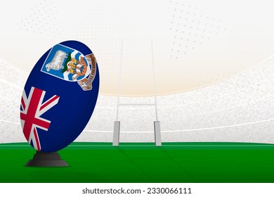 Falkland Islands national team rugby ball on rugby stadium and goal posts, preparing for a penalty or free kick. Vector illustration.