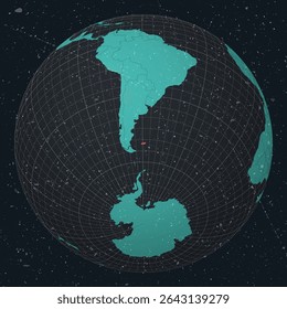Ilhas Malvinas no Globe. Olhar vintage com textura grunge riscado. Mapa do mundo no mapa da paleta de cores de Turquesa a carvão escuro. Forma das Ilhas Malvinas no mapa.