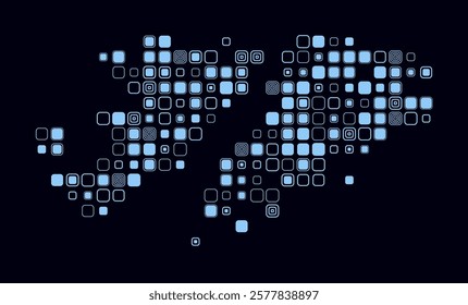 Falkland Islands, shape of the country built of colored cells. Digital style map of the Falkland Islands on dark background. Large size rounded square blocks. Trending vector illustration.