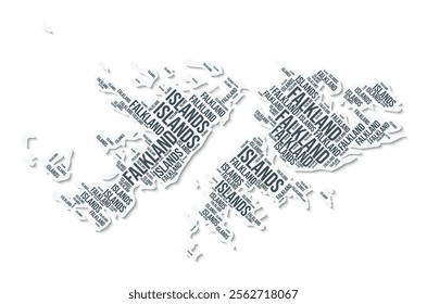 Falkland Islands shape text cloud. Country border with shadow on white background. Falkland Islands with regions division in vintage gazette style. Artistic vector illustration.