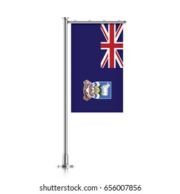 Falkland Islands vector banner flag hanging on a silver metallic pole. Falkland Islands vertical flag template isolated on a white background.