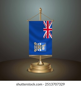 Bandeira de mesa vertical das Ilhas Malvinas com polo dourado sobre fundo de gradiente escuro, vetor de banner de modelo Ilustração
