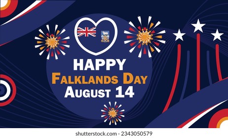 Banner vectorial del Día de las Malvinas con formas geométricas retro, bandera y colores de las Islas Malvinas, fuegos artificiales y tipografía. Afiche gráfico mínimo moderno del Día de las Malvinas de las Islas Malvinas.