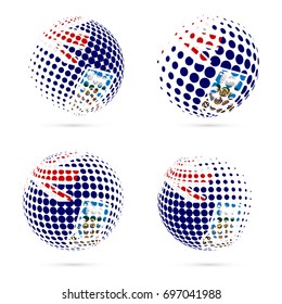 Falklands halftone flag set patriotic vector design. 3D halftone sphere in national flag colors isolated on white background.