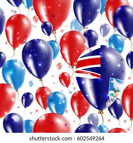 Falklands Independence Day Seamless Pattern. Flying Rubber Balloons in Colors of the Falkland Islander Flag. Happy Falklands Day Patriotic Card with Balloons, Stars and Sparkles.