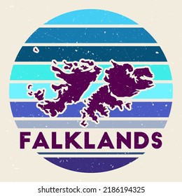 Falklands logo. Sign with the map of the country and colored stripes, vector illustration. Can be used as insignia, logotype, label, sticker or badge of the Falklands.
