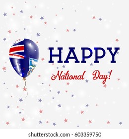 Falklands National Day patriotic poster. Flying Rubber Balloon in Colors of the Falkland Islander Flag. Falklands National Day background with Balloon, Confetti, Stars, Bokeh and Sparkles.