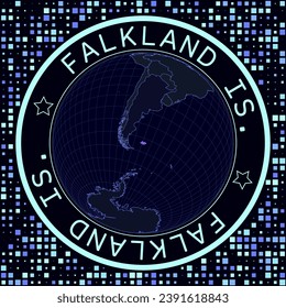 Falklands on globe vector. Futuristic satelite view of the world centered to Falklands. Geographical illustration with shape of country and squares background. Bright neon colors on dark background.