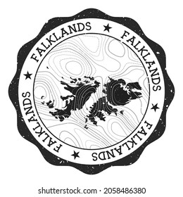 Falklands outdoor stamp. Round sticker with map of country with topographic isolines. Vector illustration. Can be used as insignia, logotype, label, sticker or badge of the Falklands.