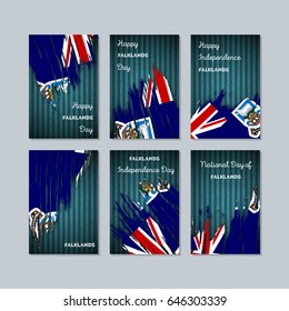 Falklands Patriotic Cards for National Day. Expressive Brush Stroke in National Flag Colors on dark striped background. Falklands Patriotic Vector Greeting Card.
