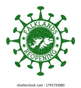 Falklands Reopening Stamp. Green round badge of country with map of Falklands. Country opening after lockdown. Vector illustration.