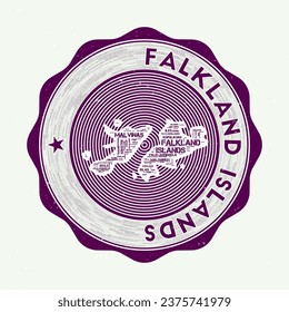 Falklands seal. Country round logo with the shape of the Falklands and the country name in multiple languages wordcloud. Authentic emblem. Elegant vector illustration.