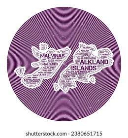 Imagen vectorial de Falklands. Diseño de logotipo de campo. Afiche de las Malvinas en arcos circulares y estilo de la nube de palabras. Auténtica ilustración vectorial.