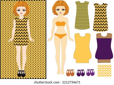 Fall 2022 Winter 2023 Knitted Background Shade Samoan Sun. Fashionable Collection Of Clothes For Girls. Fashion Show. Advertising. Cut Out Of Paper. Creativity For Children. Vector Illustration