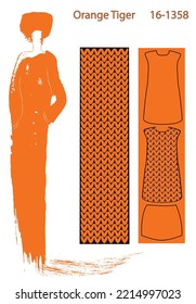Fall 2022 Winter 2023 Knitted background shade Orange tiger. Banner. Sample. A model of a girl is drawn with a brush. Vector. For advertising knitwear, patterns of fabric and knitted clothes