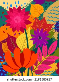 Fall abstract design with leaves and autumn flowers. Vibrant colors. Colorful autumn design for card, poster, flyer, book cover, banner, etc. Vivid autumnal art. Abstract vector illustration.