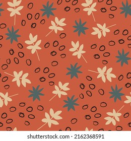 Fall abstract pattern with leaves and doodles. Cute autumn nature hand drawn seamless vector illustration with leaf silhouette and rounds, spots and dots
