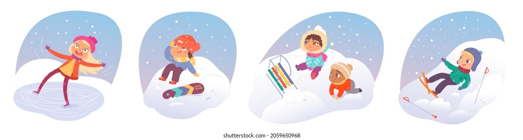 Fall accident of kids in winter set vector illustration. Cartoon cute sad boy and girl falling while playing outside, clumsy children friends characters sitting on snow or ice isolated on white