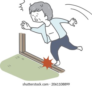 Fall accident, stumbling senior woman