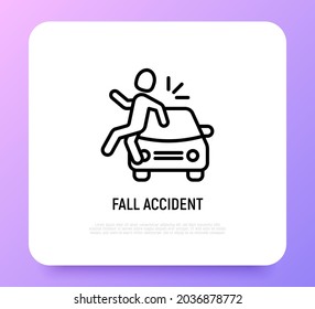 Herbstunfall dünne Linie Symbol. Fußgänger wird von einem Auto angefahren. Moderne Vektorgrafik der Straßenverkehrssicherheit.
