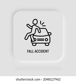 Icono de línea delgada del accidente de caída. Un peatón es atropellado por un coche. Ilustración vectorial moderna de la seguridad vial.