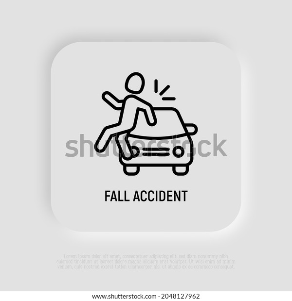 Fall accident thin\
line icon. Pedestrian is hitten by a car. Modern vector\
illustration of road\
safety.