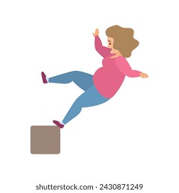 Fall accident of woman, unhappy female character losing balance and falling vector illustration