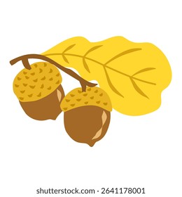 fall acorn and foliage illustration, golden oak nut and leaves, minimalist nature sticker collection