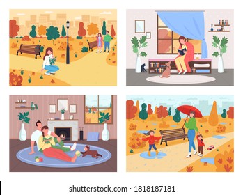 Fall activity flat color vector illustration set. People walk in urban park. Woman read book in cozy living room. Parents with children. Family 2D cartoon characters with autumn background collection