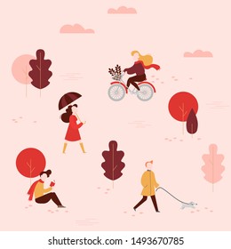 Fall activity in forest. Cartoon People in autumn public park walking dog, riding bicycle, readig book. Woman walks under umbrella vector illustration