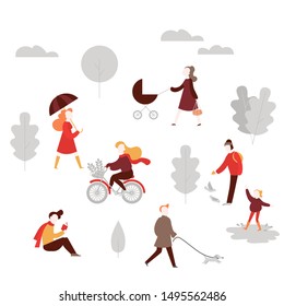  Fall activity in forest vector illustration. Cartoon People in autumn public park walking dog, riding bicycle, feeding birds, jumping on puddle, woman with stroller
