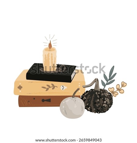 Fall Aesthetic Composition with Books, Pumpkins, Candle and dried plants. Halloween decoration. Vector Autumn illustration.