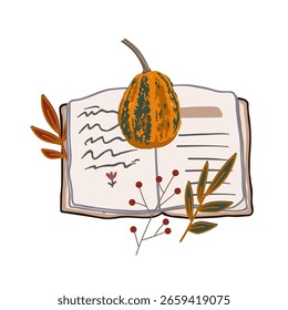 Composición estética de otoño con libro abierto, calabaza y hojas. Vector Otoño ilustración.